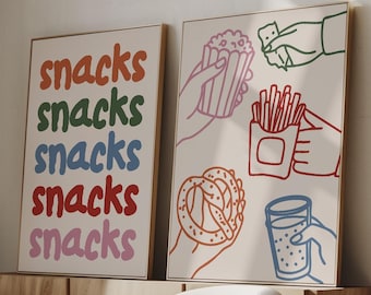 Colourful Snacks Drinks Prints Set Of 2 Posters, Retro Poster, Trendy Poster Wall Art, Kitchen Prints, Kitchen Decor, Food Poster