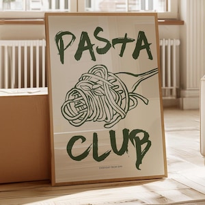 Impresión de Pasta Club, póster de Pasta Club, arte moderno para comedor, regalo para amantes de la pasta, arte de pared para cocina, impresión de comida retro, verde caqui 2574