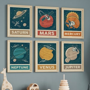 Retro Solar System Prints, Galaxy Prints, Children&#39;s Space Prints, Outer Space Decor, Nursery Prints, Bedroom Prints, Wall Art Prints