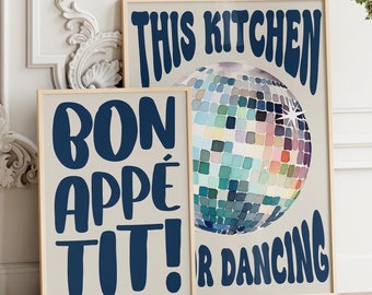 This Kitchen Is For Dancing Print Set Of 2 Blue, Disco Ball, Retro Poster, Trendy Poster Wall Art, Kitchen Prints, Kitchen Decor, Poster