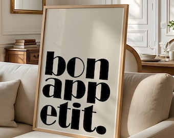 Bon Appetit Poster Trendy Typography Print French Quote Kitchen Wall Art Simple Decor Neutral Beige 3308