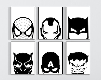 Superhero Wall Print, Superhero Poster, Superhero Wall Art, Monochrome Superhero Prints, Black and White Superhero Bedroom Wall Art Nursery