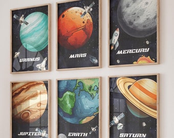 May include: Six framed illustrations of planets in our solar system, including Uranus, Mars, Mercury, Jupiter, Earth, and Saturn. Each illustration features a colorful depiction of the planet with a spaceship orbiting it. The frames are arranged in two rows of three, with a white wall behind them.