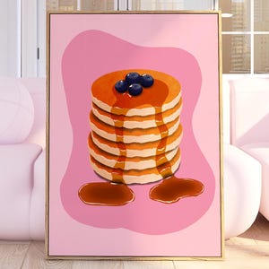 Blueberry Pancake Art Print, Breakfast Wall Decor, Trendy Kitchen Print , Food Illustration, Retro Pancakes and Syrup Art, Brunch Home 3018
