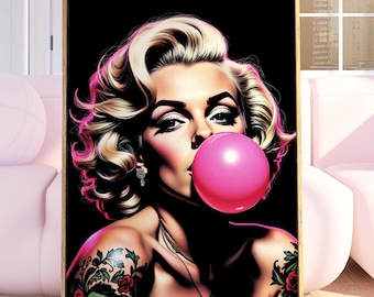 Retro Marilyn Print, Fashion Poster Print, Blowing Bubble, Girls Room Decor, Gift For Her, Fashion Wall Art Bedroom Icon 3175