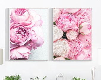 Pfingstrose Blumen Drucke Set, 2er Set Drucke, Blumen Dekor, Schlafzimmer Dekor, Haus Wand Kunst, Rosa Druck Set 577