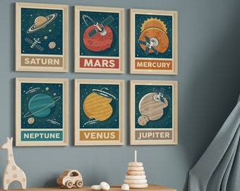 Retro Solar System Prints, Galaxy Prints, Children's Space Prints, Outer Space Decor, Nursery Prints, Bedroom Prints, Wall Art Prints