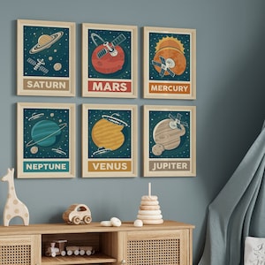 Retro Solar System Prints, Galaxy Prints, Children's Space Prints, Outer Space Decor, Nursery Prints, Bedroom Prints, Wall Art Prints