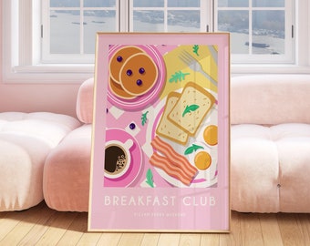 Pink Breakfast Club Print Poster, Coffee Wall Art, Retro Poster, Trendy Wall Art Kitchen Prints, Kitchen Decor Food Wall Art Pink Print 2446
