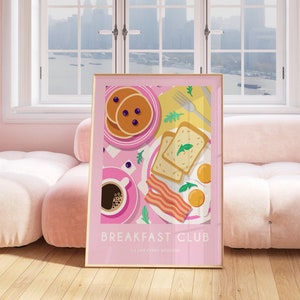 Pink Breakfast Club Print Poster, Coffee Wall Art, Retro Poster, Trendy Wall Art Kitchen Prints, Kitchen Decor Food Wall Art Pink Print 2446