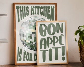 This Kitchen Is For Dancing Print Set Of 2 Green, Disco Ball, Retro Poster, Trendy Poster Wall Art, Kitchen Prints, Kitchen Decor, Poster