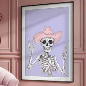 Impressão fofa de esqueleto de cowboy Halloween Pastel Wall Art Decoração fofa de outono Roxo Lilás Pôster fofo Impressão rosa de Halloween 2752