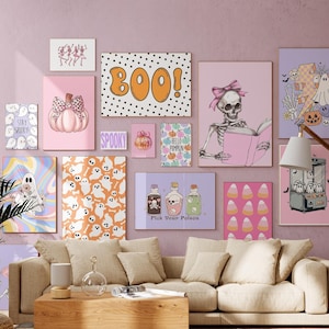 Impresiones de Halloween, carteles de impresiones de pared de galería, arte infantil, decoración de pared para niños, linda decoración de Halloween espeluznante, rosa, póster de otoño pastel