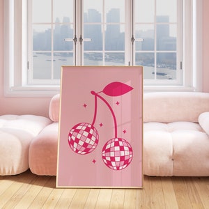Impression boule disco cerise, art mural rétro tendance, impression rose, impression murale galerie, art mural mignon, affiche déco cuisine 2316