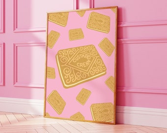 Custard Cream Biscuit Wall Art Print, Kitchen Wall Art Poster, Cute Food Art for Kitchen, Dining Room, Retro Art Print, Biscuit Print 2226