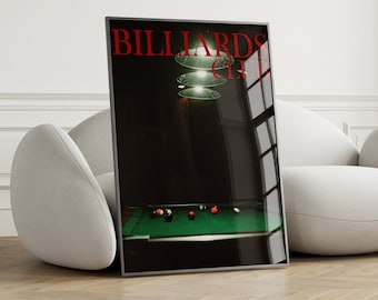 May include: A black and white photograph of a billiards table with green felt and a few billiard balls on it. The photo is framed and has the text "BILLIARDS CLUB" in red letters at the top.