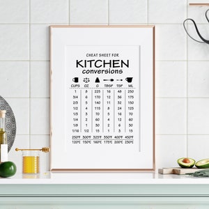 May include: A black and white printable kitchen conversion chart with measurements in cups, ounces, grams, tablespoons, teaspoons, and millilitres. The chart also includes a conversion table for Fahrenheit and Celsius temperatures.