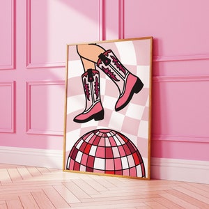 Pink Cowgirl Boots and Disco Ball Western Themed Print, Disco Ball Print, Pink Disco Ball, Cowboy Boots, Pink Disco Art, Retro Wall Art 2315