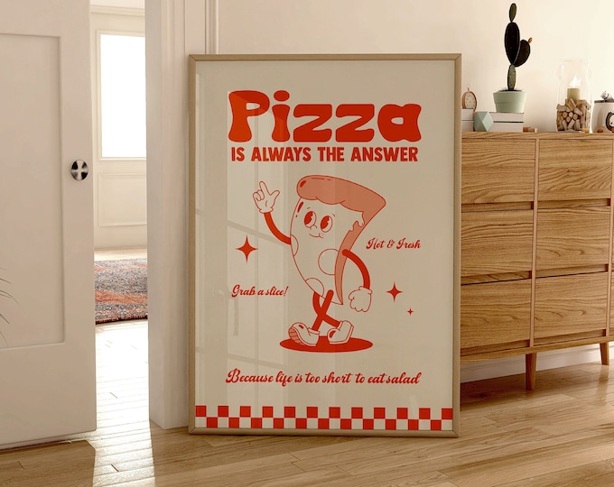 Retro Cartoon Pizza Print, Charming Retro style Pizza Print, Gift for Foodie, Pizza Lover Print, Food Print, Kitchen Wall Art 2329