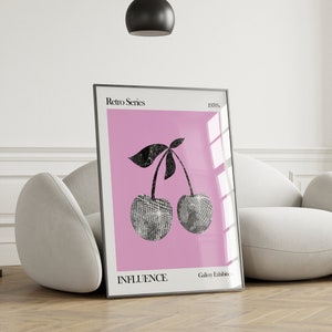 Impresión de arte de cerezas disco, cartel de arte de pared, cerezas de bola de discoteca, vintage, preppy, de moda, cartel de impresión de pared de galería, arte de pared rosa 2395