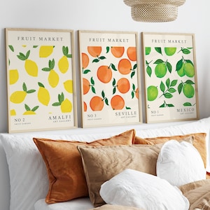 Set of 3 Fruit Market Wall Art, Orange, Lemon, Lime Fruit Print, Citrus Poster, Food Art, Dining Room, Kitchen, Vintage