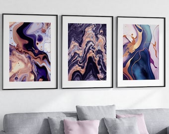 Set Of 3 Purple and Gold Marble Prints, Marble Abstract Prints, Marble Ink Wall Art, Modern Art, Abstract Wall Decor, Luxury Decor 1034