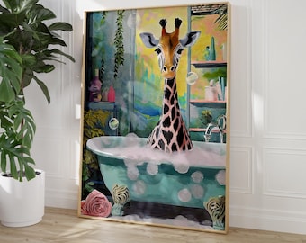 Giraffe In Bath Print Wall Art, Retro Print, Bathroom Toilet Wall Art Poster, Funny Wall Art, Cute Wall Print, Retro Animal Bath Print  2463