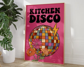 Impressão retrô rosa de discoteca de cozinha, bola de discoteca, pôster retrô, arte de parede da moda, impressões de cozinha, decoração de cozinha, pôster 2461