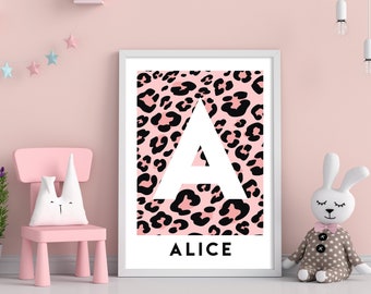 Name and Initial Print - Personalised Pink Leopard Print, Custom Kids Bedroom Decor, Nursery Wall Art, Fun Playroom Print, Girl’s Room 626