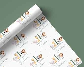 Personalised Boys First Birthday Wrapping Paper, 1st Birthday Gift Wrap for Boys, Son, Grandson, Nephew, Safari Animals 57