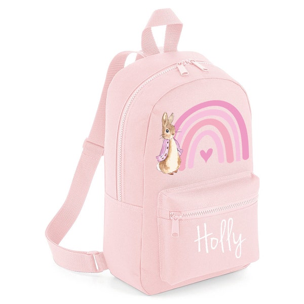 Personalised Pink Rainbow Rabbit Backpack ANY NAME Back To School Bag Backpack Kids Nursery Toddler Rucksack #MBRR