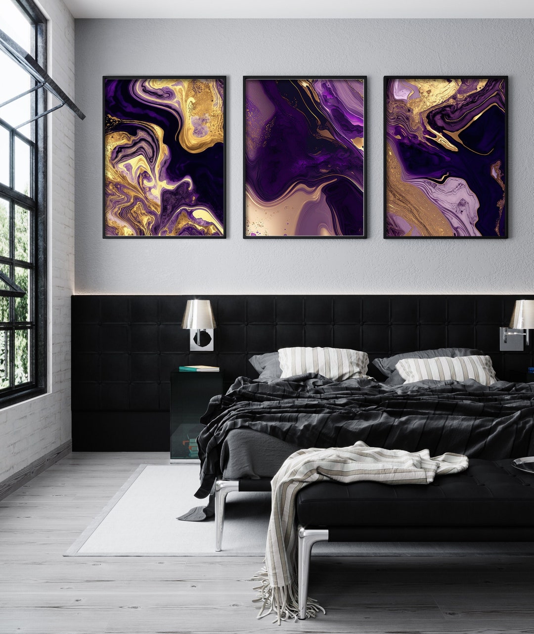 Set of 3 Purple and Gold Marble Prints, Marble Abstract Prints, Marble ...