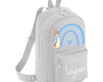 Personalised Blue Rainbow Rabbit Backpack ANY NAME Back To School Bag Backpack Kids Nursery Toddler Rucksack #MBRR