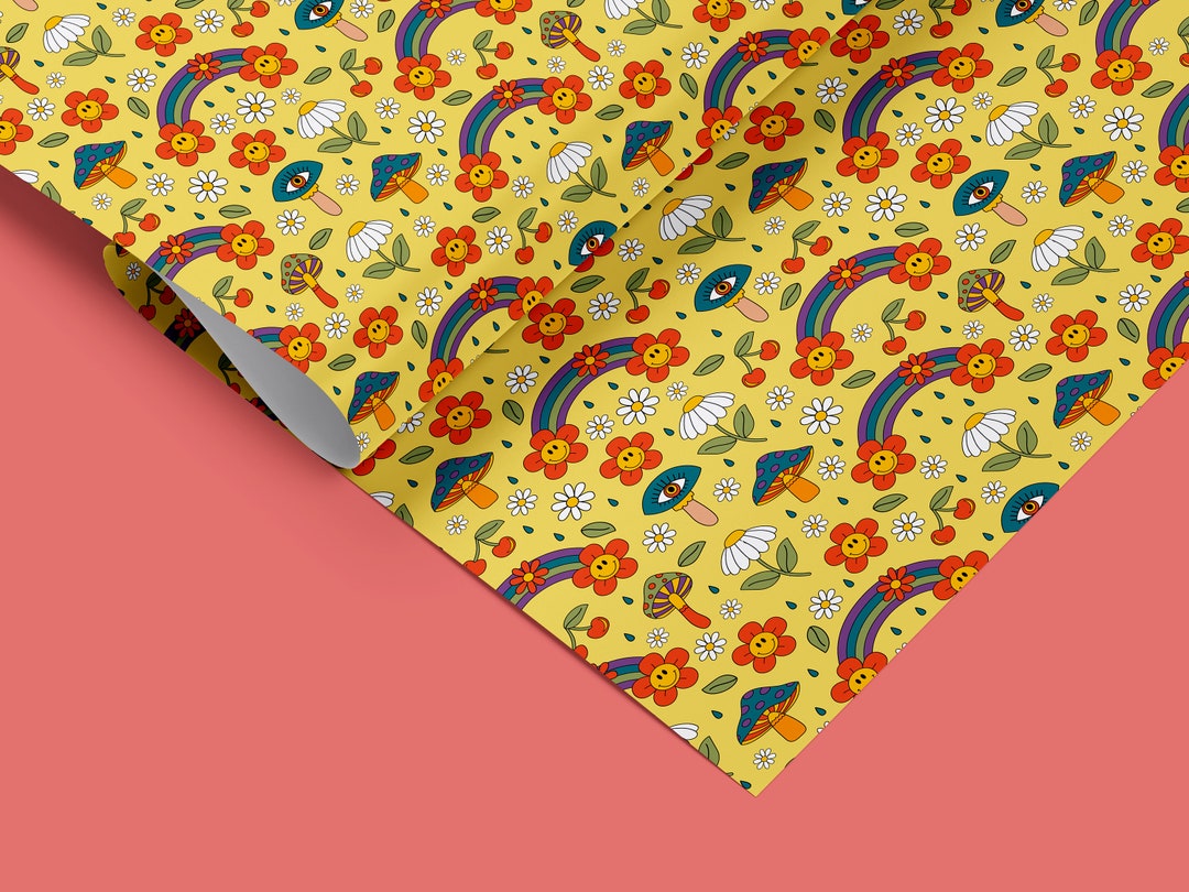 Groovy Mushroom Wrapping Paper, Holiday Gift Wrap, Retro Rainbow Gift ...