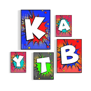 Impresión inicial de letras, póster de impresión de cómic colorido, dormitorio de niños, guardería, sala de juegos, arte de pared para niños, decoración del hogar