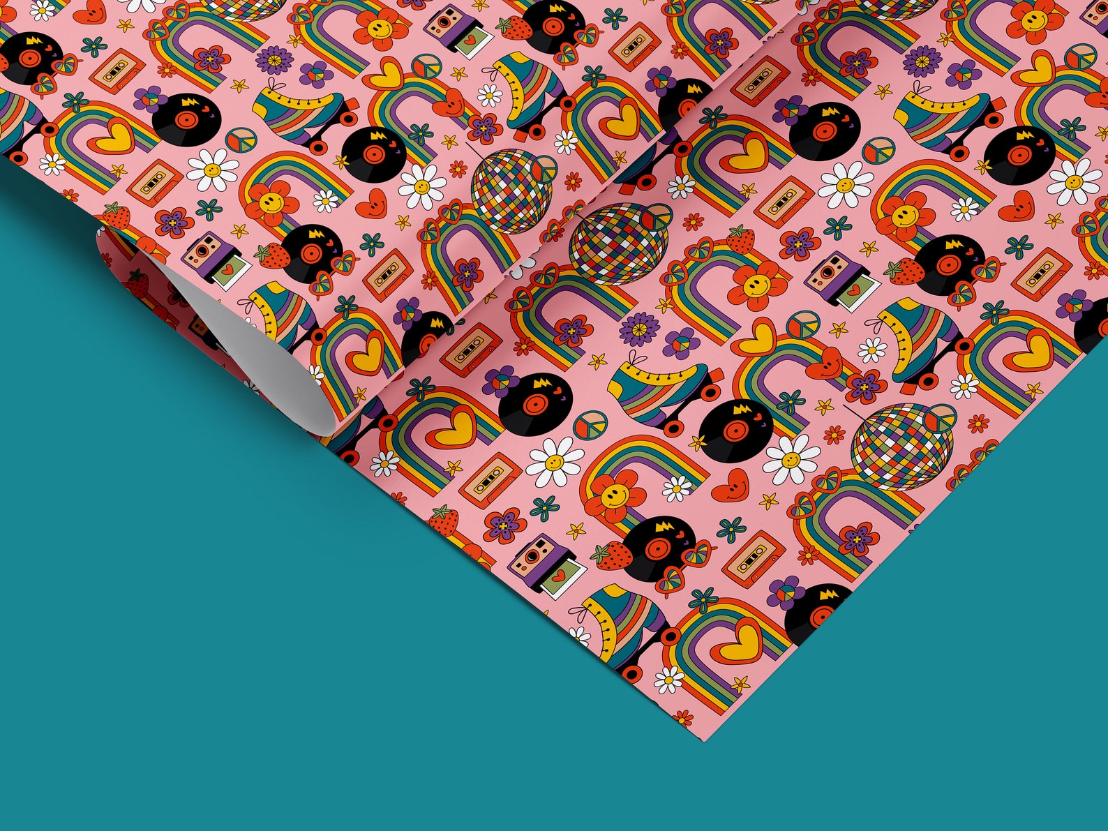 Groovy Rollerskate Disco Wrapping Paper, Holiday Gift Wrap, Retro 70s ...