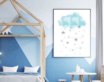 Niebieskie chmury Wydruk do pokoju dziecięcego, Sztuka wydruku chmur, Wydruk pogody, Plakat akwarelowy, Sztuka do pokoju dziecięcego, Pokój dziecięcy, Sztuka ścienna 274