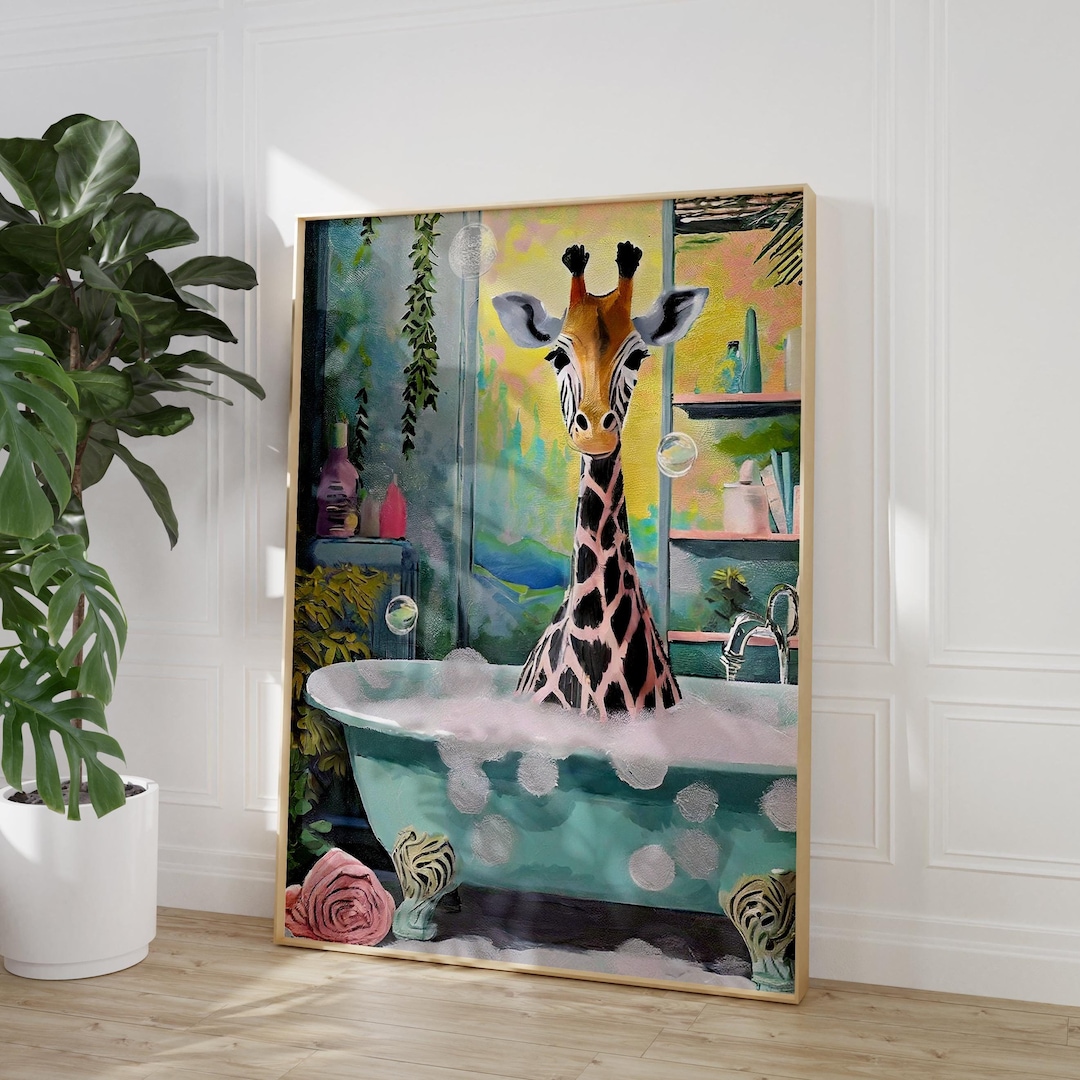 Giraffe in Bath Print Wall Art, Retro Print, Bathroom Toilet Wall Art ...