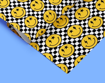 Retro Smiley Face Wrapping Paper, Holiday Gift Wrap, Happy Face Gift Wrap, Chequer Pattern, Grunge Gift Wrap 06