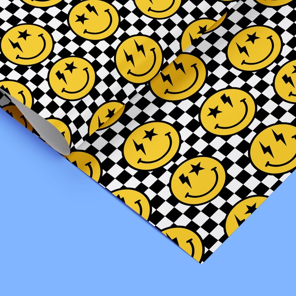 Retro Smiley Face Wrapping Paper, Holiday Gift Wrap, Happy Face Gift Wrap, Chequer Pattern, Grunge Gift Wrap 06