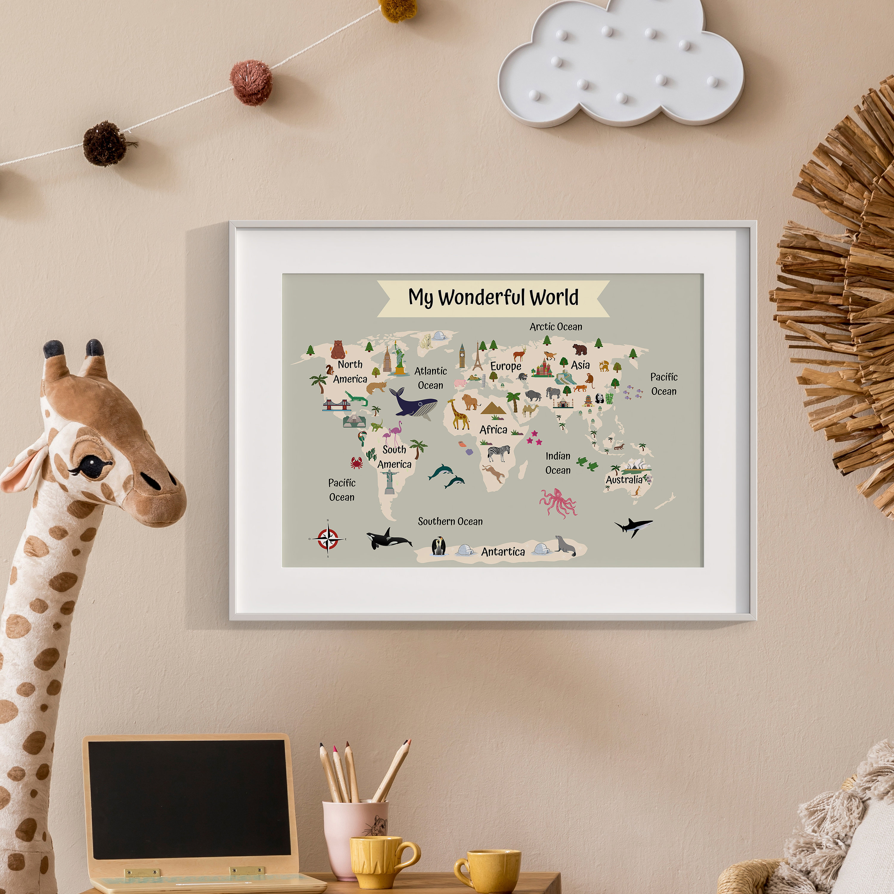 Animal World Map Poster Print, Kids World Map Wall Art, Kids Room ...