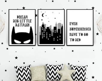 Superhero Prints, Set of 3 Superhero Bedroom Wall Art- Superhero Decor, Boys Bedroom, Monochrome Prints, Wall Art 242