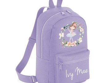 Personalised Ballerina Backpack ANY NAME Back To School Bag Backpack Kids Nursery Toddler Rucksack Colourful Rainbow #MBAL