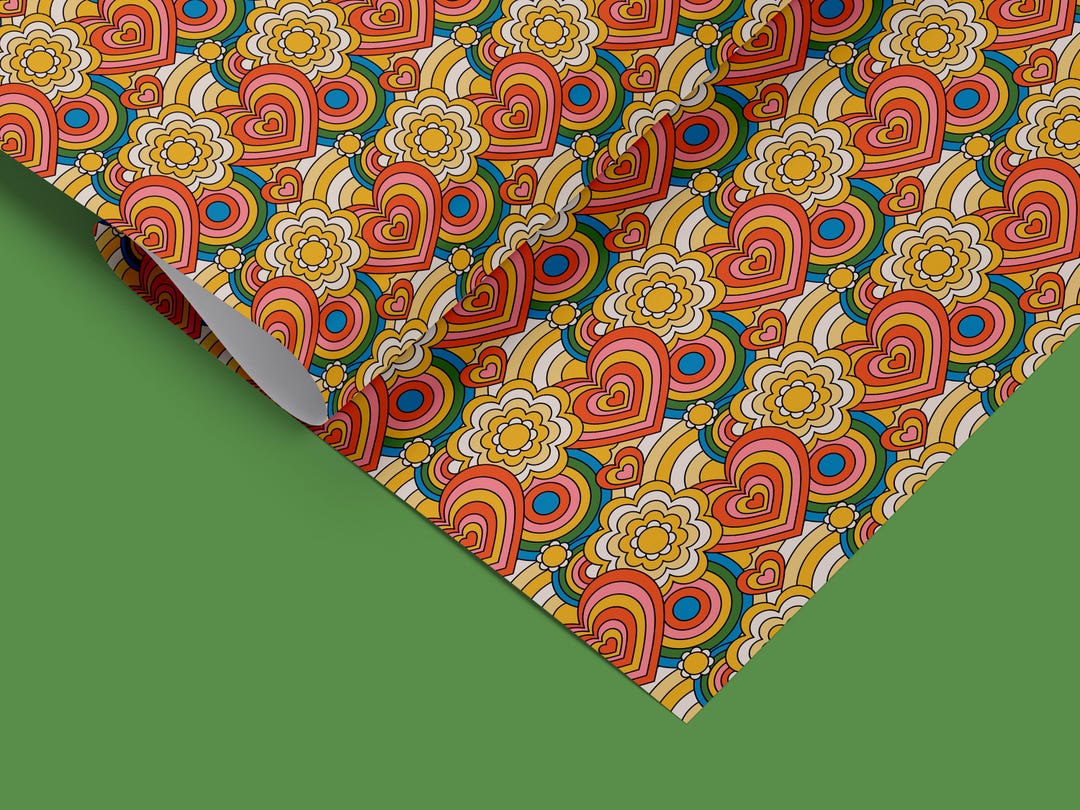 Groovy Rainbow Flower Heart Wrapping Paper, Holiday Gift Wrap, Retro ...