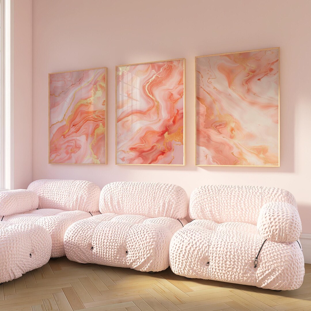 Pink and Gold Marble Wall Prints, Fluid Marble Wall Prints, Set of 3 ...