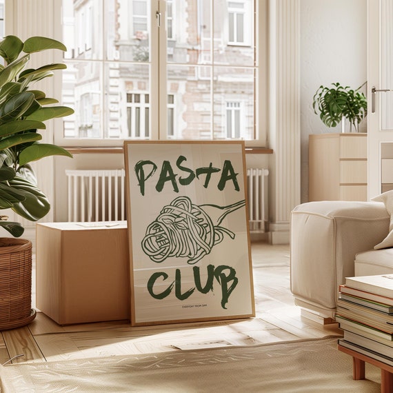 Pasta Club Print, Pasta Club Poster, Modern Dinning Room Art, Pasta Lover Gift, Kitchen Wall Art, Retro Food Print, Green Khaki 2574