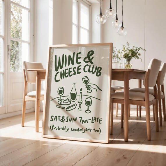 Wine and Cheese Club Print, Wine Club Poster, Modern Dinning Room Art, Wine Lover Gift, Kitchen Wall Art, Retro Food Print, Green 3037