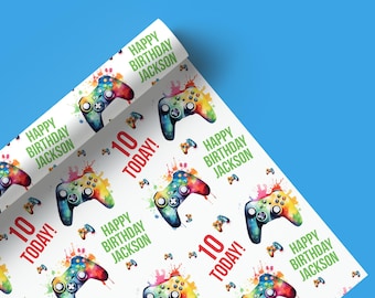 Personalised Gaming Wrapping Paper, Colourful Birthday Gamer Gift Wrap, Custom Name & Age, Gaming Controller Printed Gift Wrap 47