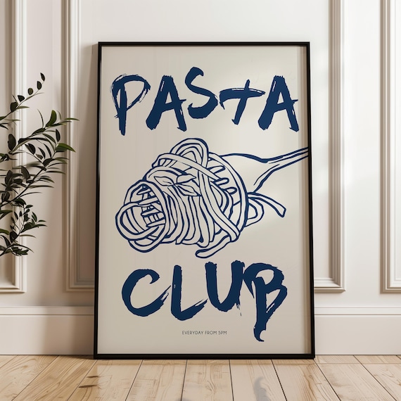 Pasta Club Print, Pasta Club Poster, Modern Dinning Room Art, Pasta Lover Gift, Kitchen Wall Art, Retro Food Print, Navy Blue 2575