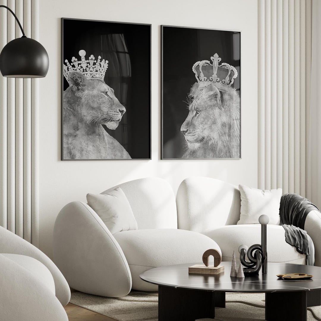 King and Queen Lion Prints, Set of 2 Lion Wall Art Prints, Black and ...